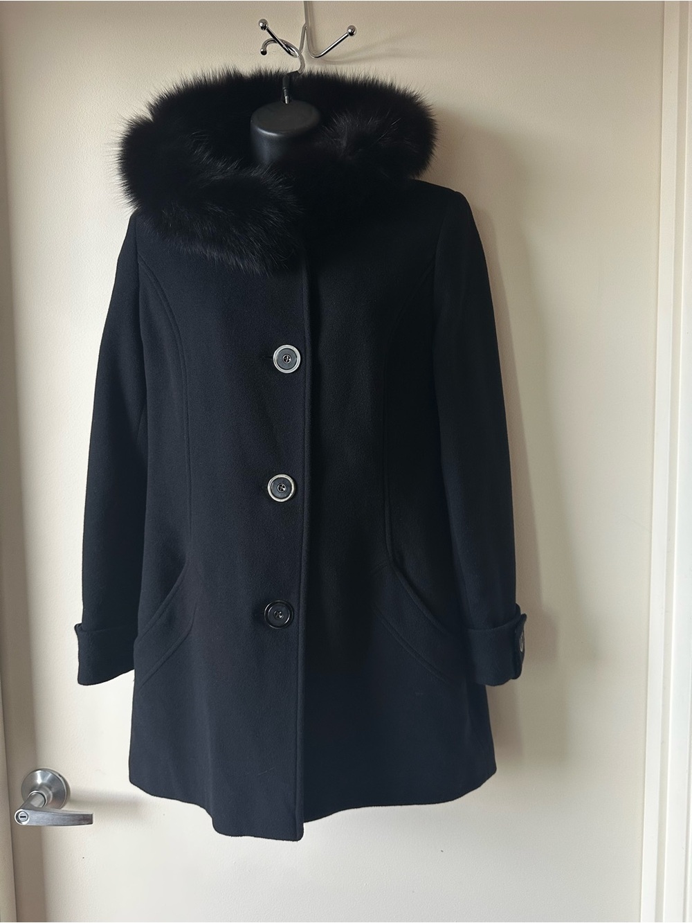 Sachi Collection Black Wool Blend Winter Coat with Genuine Fox Fur Trim Hood sPS